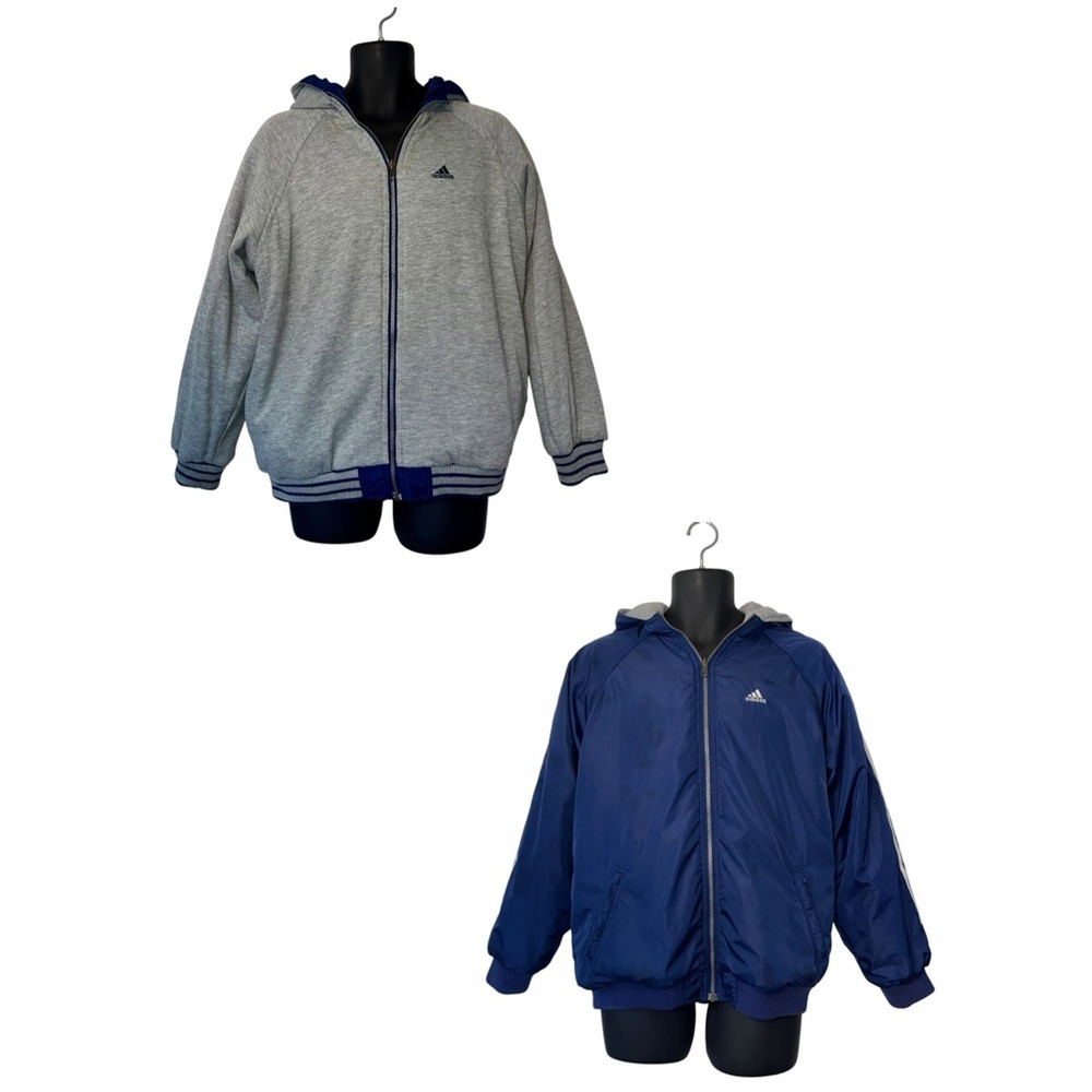 Vintage Adidas Reversible Hooded Bomber Jacket Boys XL Blue White Full Zip - Picture 2 of 16